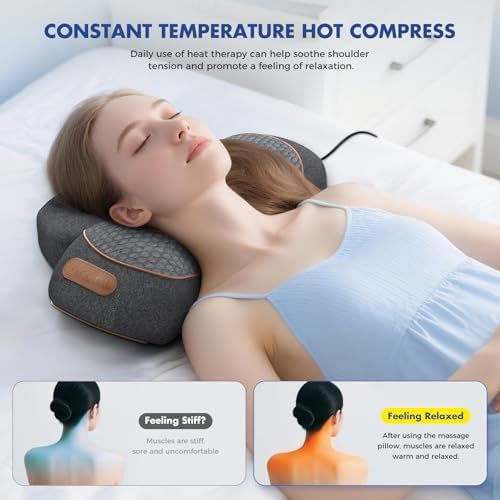 Neck Massager Pillow with Heat, 3-in-1 Shiatsu & Cervical Traction for Pain Relief, Ergonomic Shoulder Massager and Posture Corrector for Men & Women, Corded Electric（Dark Gray）