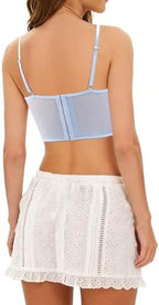 Testudineus Women Cute Flower Embroidery Corset Top Sheer Mesh Sexy Crop Top Party Rave Slim Sleeveless Tank Top