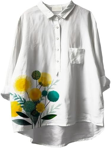 Women's Button Down Dandelion Print Shirts V Neck Roll Up Long Sleeve T-Shirt Dressy Oversized Loose Fit Casual Tops