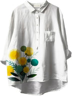 Women's Button Down Dandelion Print Shirts V Neck Roll Up Long Sleeve T-Shirt Dressy Oversized Loose Fit Casual Tops