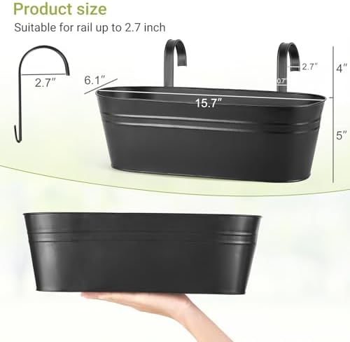 Dahey 3 Pcs Metal Hanging Flower Pots for Railing Fence Outdoor Planter 15.7 Inch Hanging Bucket Pots Countryside Window Flower Plant Holder with Detachable Hooks for Garden Yard Home Decor,Black