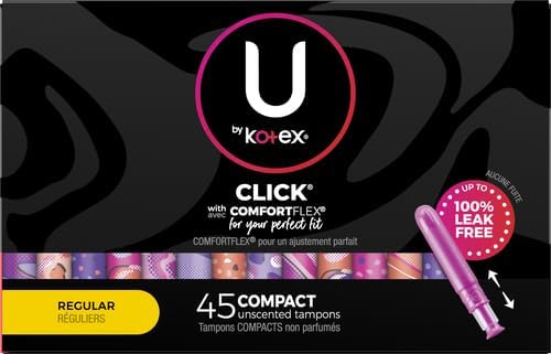 U by Kotex Click Compact Tampons, Regular Absorbency, Unscented, 45 Count (Pack of 2)