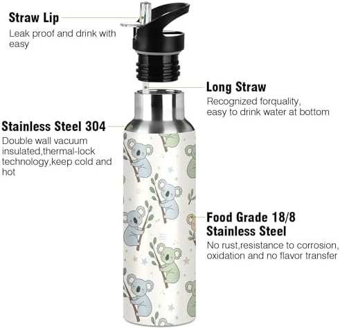Water Bottle with Straw Stainless Steel, Koala Patter Hot Cold Insulated Sports Water Bottle for Cycling Hiking School Yoga Gym, Leak Proof Lid
