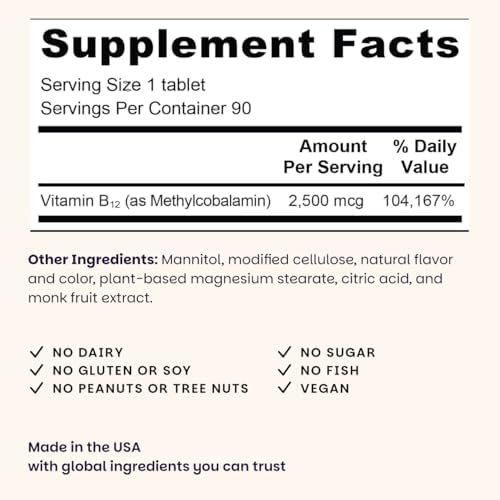 EZ Melts Dissolvable B12 2,500 mcg - Vitamin B12 for Energy & Immune Support - Non-GMO, Vegan & Gluten-Free - Red Cherry - 90 Sublingual Tablets (90 Servings)