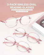 LUFF 3-Pack Rimless Oval Reading Glasses for Women,Stylish Blue Light Blocking Frameless Computer Readers Anti Eyestrain
