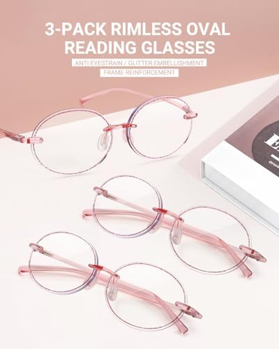 LUFF 3-Pack Rimless Oval Reading Glasses for Women,Stylish Blue Light Blocking Frameless Computer Readers Anti Eyestrain