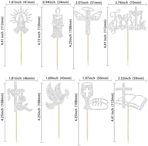 Ephlyn 32Pcs First Holy Communion Cupcake Toppers Glitter Dove Cross God Bless and Baptism Cupcake Picks First Communion Theme Baby Shower Birthday Party Cake Decorations Supplies Silver