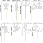 Ephlyn 32Pcs First Holy Communion Cupcake Toppers Glitter Dove Cross God Bless and Baptism Cupcake Picks First Communion Theme Baby Shower Birthday Party Cake Decorations Supplies Silver