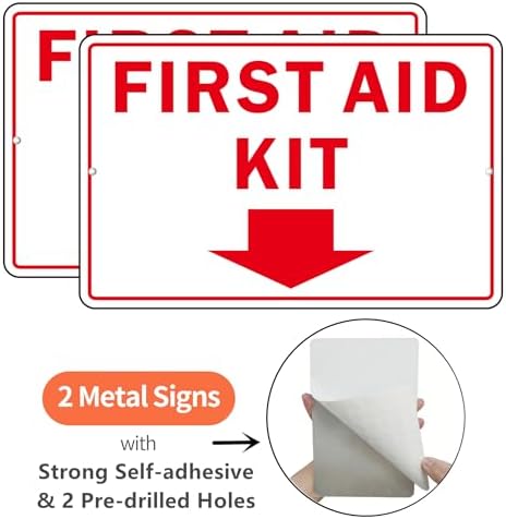 First Aid Sign, (2 Pack) Self Adhesive First Aid Kit Sign for Wall, Aluminum Metal Signs With 2 Pre-drilled Holes (9 x 6 inches, White/Red)
