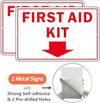 First Aid Sign, (2 Pack) Self Adhesive First Aid Kit Sign for Wall, Aluminum Metal Signs With 2 Pre-drilled Holes (9 x 6 inches, White/Red)