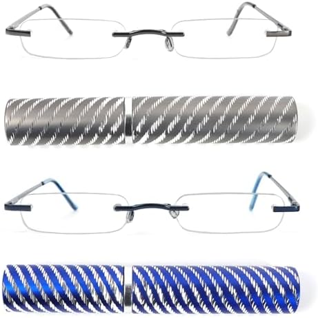 DXYXYO Mini Rimless Reading Glasses for Women Men, 2 Pack Slim Pocket Compact Metal Readers with Small Portable Case