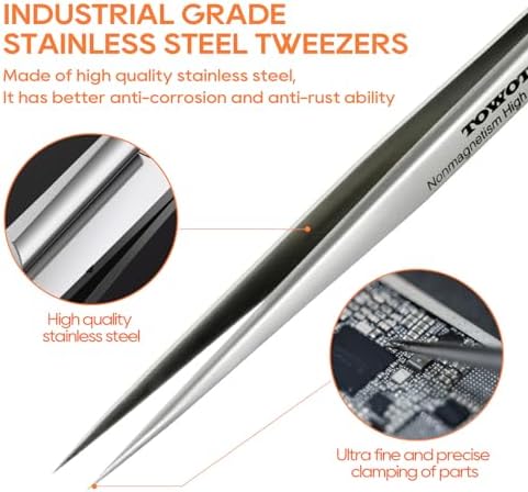 TOWOT Precision Tweezers, Stainless Steel Pointed Tweezers for Craft, Electronics, Soldering, Experimental Work, Jewelry-Making, Non-Magnetic Industrial Tweezers