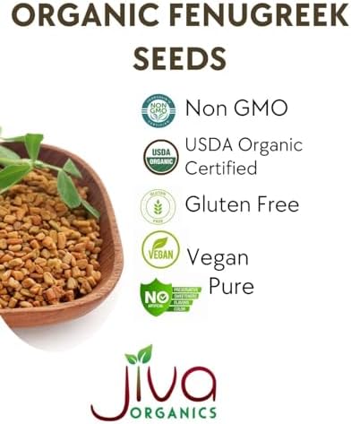 Jiva Organic Fenugreek Seeds 7 Ounce – Non-GMO, Gluten Free, All Natural Fenugreek Spice – Organic Fenugreek Seeds for Hair Growth, Cooking & Sprouting - Methi Seeds for Methi Dana Water - Raw & Natural, Product of India