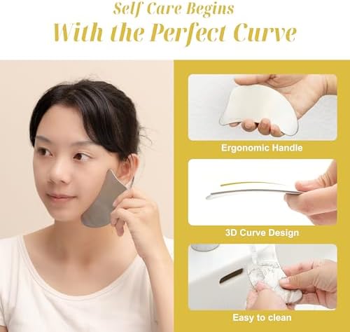 SHUHU Stainless Steel Gua Sha Facial Tool for Face & Body – Jawline Sculptor & Puffiness Relief – Face Massage Tool for Lymphatic Drainage, Tension & Muscle Relief, with Travel Pouch