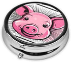 Metal Pill Box 2.0x2.0x0.7 in Mini Travel Medicine Pill Organizer Box for Purse Pocket Funny Pink Pig Face Picture, Black