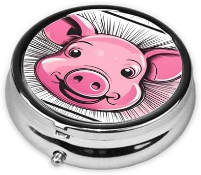 Metal Pill Box 2.0x2.0x0.7 in Mini Travel Medicine Pill Organizer Box for Purse Pocket Funny Pink Pig Face Picture, Black