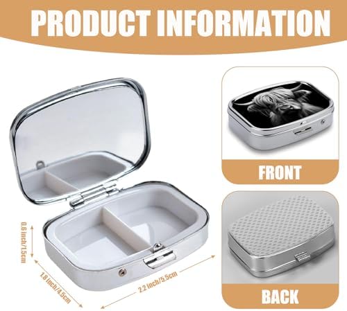 Pill Box-2 Compartment Small Pill Case Square Organizer Case with Mirror Portable Metal Medicine Box Travel Container for Pocket & Purse Women Men(Black Highland Cow)