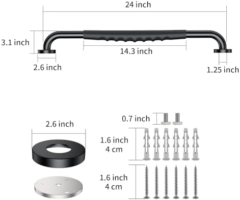 2 Pack 24 Inch Black Shower Grab Bar w/Anti Slip Rubber Grip,ZUEXT Stainless Steel Bath Grab Bar,Bathroom Balance Bar,Wall Mount Safety Handrail Support,Handicap Injury Elderly Senior Assist Handle