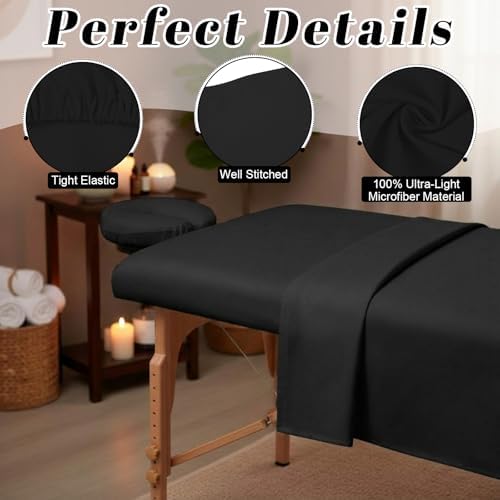 Oudain 8 Sets Soft Microfiber Massage Table Sheets Set 3 Piece Set Includes Massage Table Cover Fitted Sheet and Face Rest Cover(Black)