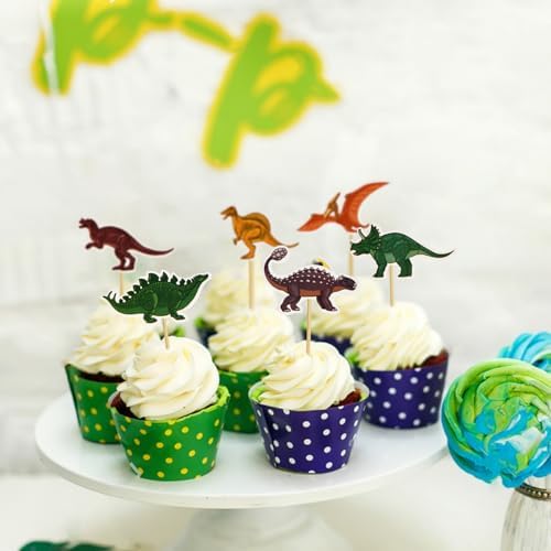 24 PCS Dinosaur Cupcake Toppers Dinosaur Cupcake Picks for Kids Dino Theme Birthday Baby shower Party Cake Decorations Supplies