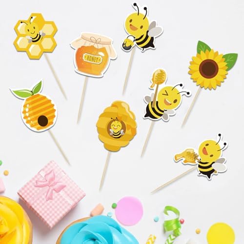 32Pcs Bumble Bee Cupcake Toppers, Bee Gender Reveal Honeycomb Cake Toppers, Oh Babee Cupcake Picks Bee Theme Baby Shower Kids First Birthday Party Cake Decorations Supplies
