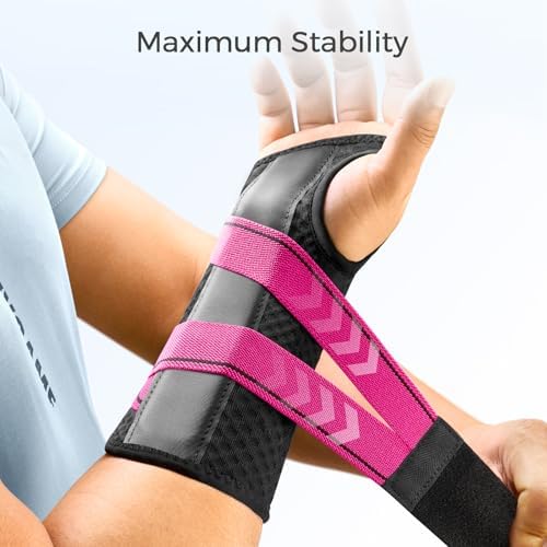 FREETOO Carpal Tunnel Wrist Brace Night Support Fit Right Hand for Work, Pain Relief Wrist Splint for Tendonitis, Arthritis, Wrist Stabilizer Brace Fit Women Men for Sleeping (L/XL, Black/Pink)