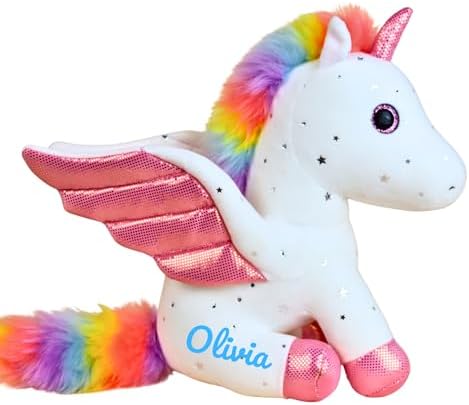 Personalized Stuffed Animal, Unicorn Plush with Rainbow Mane & Pink Wing, Customized Stuffie with Kids’ Name, Kids' Memorable Birthday