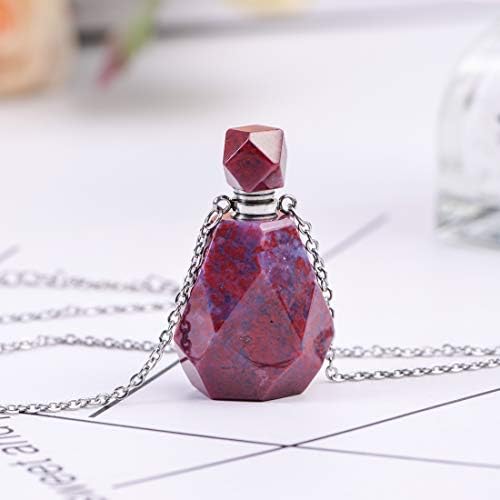 Women Long Necklace Natural Crystal Gemstone Aroma Essential Oil Diffuser Perfume Bottle Necklace Pendant for Women Irregular Unpolished Jewelry (Red Agate)