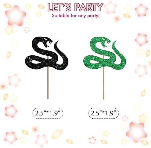 Set of 24 Snake Cupcake Toppers for Reptile Pet Theme Party, Black & Green Glitter Snake Sign Cupcake Toppers, Cake Decorations for 1st Birthday/Animal Theme Party Supplies
