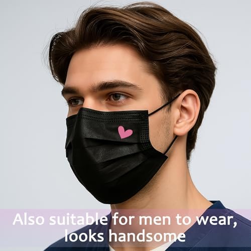 50 Pack Black Disposable Face Masks for Adults - Cute Heart Print 3-Ply Breathable Earloop Full Face Protection