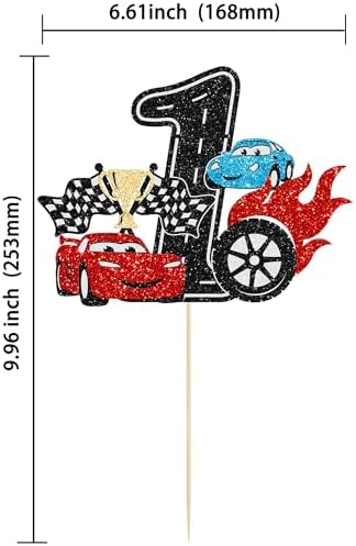 Ephlyn 1Pc Race Car First Birthday Cake Topper Glitter 1st Cake Decoration for Racing Car Checkered Flag Themed Kids Boy Girl One Years Old Happy 1st Bday Party Decor Supplies