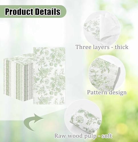 SietDESEO 50 Pieces 3-ply Sage Green Floral Napkins Disposable 13 x 15.7 Inches Guest Bathroom Napkins Disposable Hand Towels for Bathroom Wedding Birthday Party Paper Dinner Napkins