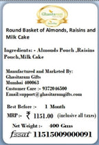 Ghasitaram Gifts Diwali Gifts Round Basket of Almonds, Raisins and Milk Cake
