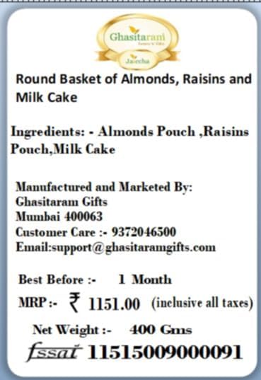 Ghasitaram Gifts Diwali Gifts Round Basket of Almonds, Raisins and Milk Cake