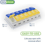 EZY DOSE Weekly (7-Day) AM/PM Pill Organizer, Daily Vitamin Container and Medicine Box, Large Pop-Out Compartments, Designed for Travel, 2 Times a Day, Blue and Yellow Lids