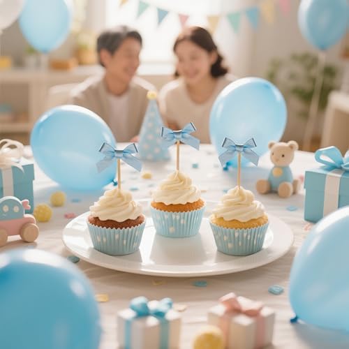 30Pcs Baby Blue Bow Cupcake Toppers - Shimmer Polyester Cake Decor for Coquette Theme, Baby Shower, Birthday, Wedding & Bridal Celebrations