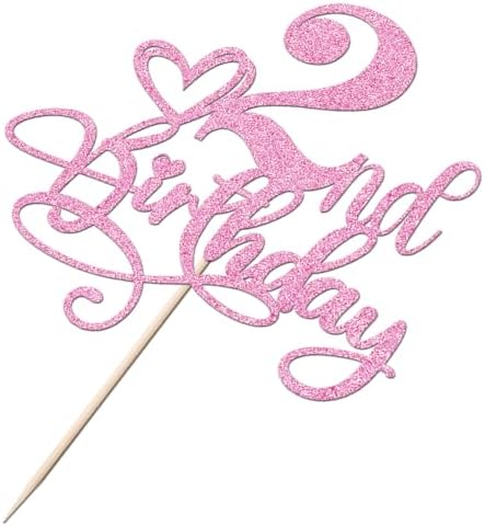 Happy 2nd Birthday Cake Topper，Anniversary Party/Boy or Girl Two Year Old Birthday Party Supplies Pink Glitter