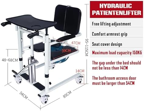 Hydraulic Patient Lift Chair for Home Use, Patient Transfer Chair Height Adjustment/180° Split Seat/Universal Wheel, Bathroom Wheelchairs with Soft Cushion and Bedpan,B