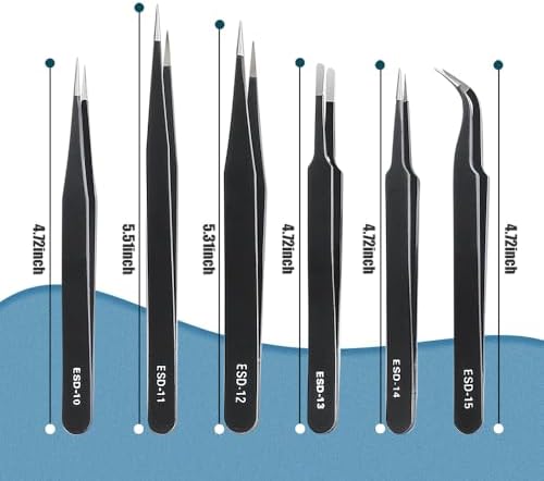 6 Pcs Precision Tweezers Set, Premium Anti-Static Stainless Steel Tweezer, ESD Curved of Tweezers for Electronics, Craft, Laboratory Work, Jewelry-Making, etc