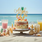 Gold Glitter Aloha 60 Cake Topper, Hawaiian Happy 60th Birthday Cake Decorations, Summer Tropical Palm Leaves Flamingo Luau Themed 60th Birthday/Anniversary Party Decorations Supplies