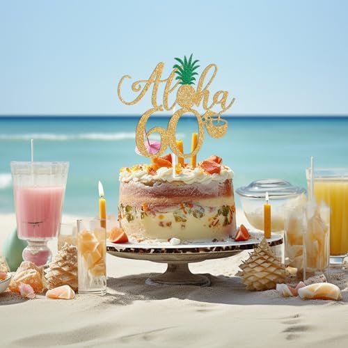 Gold Glitter Aloha 60 Cake Topper, Hawaiian Happy 60th Birthday Cake Decorations, Summer Tropical Palm Leaves Flamingo Luau Themed 60th Birthday/Anniversary Party Decorations Supplies