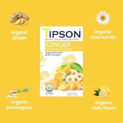 Tipson Organic Ginger Herbal Infusions - Ginger Chamomile & Lemon - 20 Premium Tea Bags (Pack of 1)