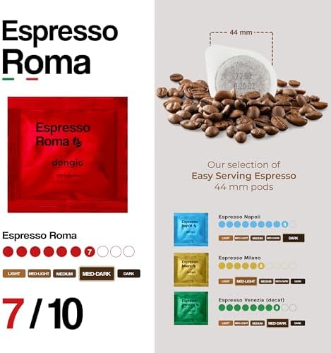 Dongiò Caffè Espresso Roma - 50 Easy Serving Espresso Pods (ESE 44mm) – Med-Dark Roast Coffee (Intensity 7/10) - Roasted and Blended in Italy