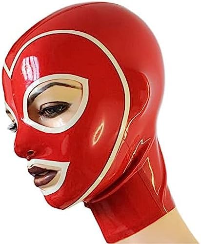 Red Latex Hood with White Brim Back Zipper Open Eyes Rubber Mask Club Party Wear Costume,Medium