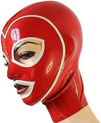 Red Latex Hood with White Brim Back Zipper Open Eyes Rubber Mask Club Party Wear Costume,Medium