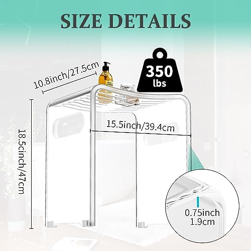 Modern Acrylic Shower Bench, Clear Stool with Anti-Skip Silicone Buckles and 12 Pcs Water Leaking Hole 350 LBS Weight Capacity