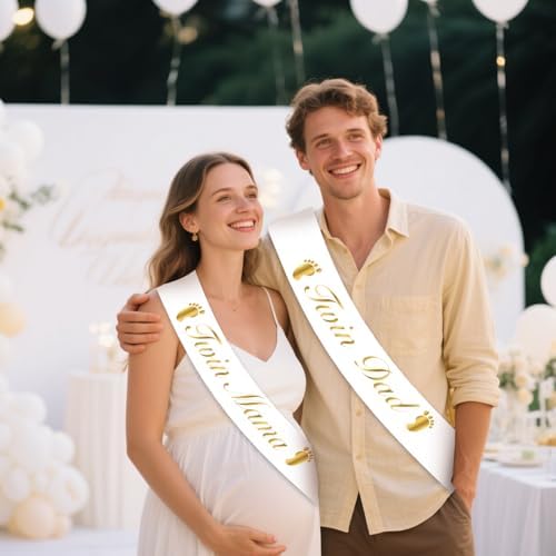 Twin Mama Dad Sash Set, Two Little Cuties Baby Shower Decorations Golden He or She Neutral Twins Gender Reveal Newborn Party Photo Props for Future Mom Daddy