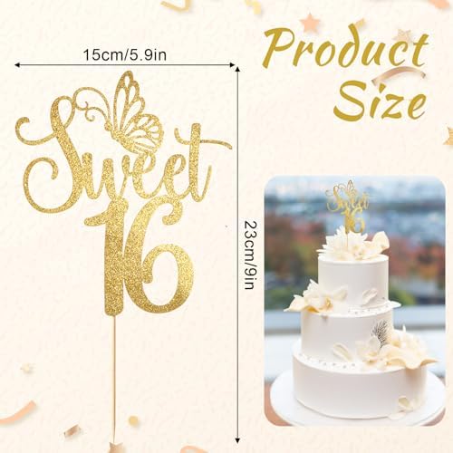 Sweet Sixteen Cake Topper, Sweet 16 Cake Topper, Gold Glitter 16th Birthday Cakes Toppers for Cheers to 16th Years Birthday