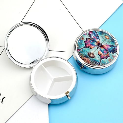 3 Compartment Travel Pill Case, Portable Round Pill Box for Pocket or Purse, Decorative Metal Medicine Vitamin Organizer. (Painted Butterfly)