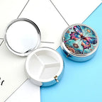 3 Compartment Travel Pill Case, Portable Round Pill Box for Pocket or Purse, Decorative Metal Medicine Vitamin Organizer. (Painted Butterfly)